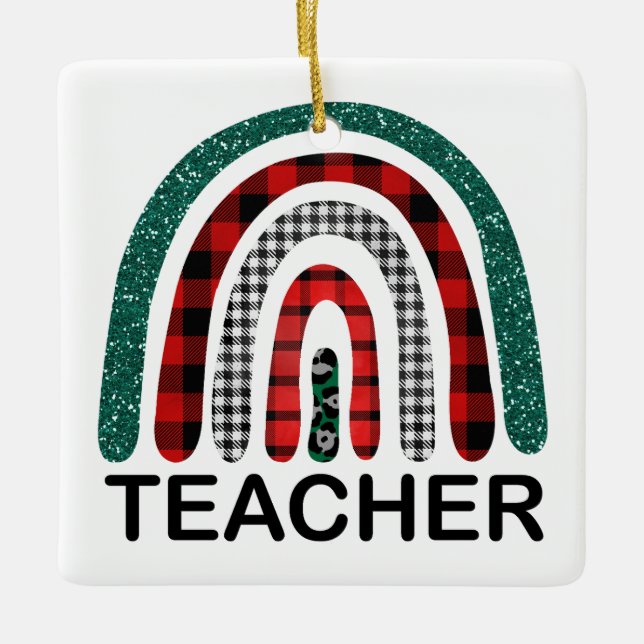 Personalized Plaid Rainbow Teacher Christmas Gift  Ceramic Ornament (Front)