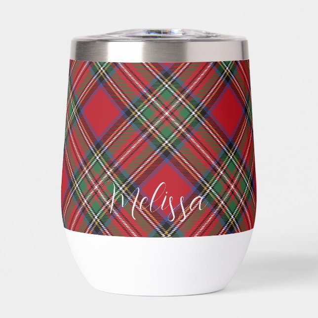 Personalized Plaid Red Green Clan Stewart Tartan Thermal Wine Tumbler (Front)