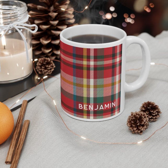 Personalized Plaid Red Green Rustic Christmas Coffee Mug (Plaid Rustic Personalized 11oz Christmas Holidays Hot Coffee Mug)