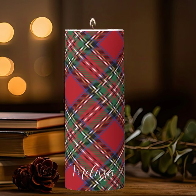 Personalized Plaid Red Green Stewart Tartan Pillar Candle (Rustic Plaid Red Green Stewart Tartan Pillar Candle)