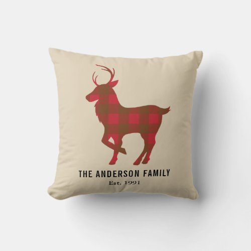 Personalized Plaid Reindeer Christmas Throw Pillow