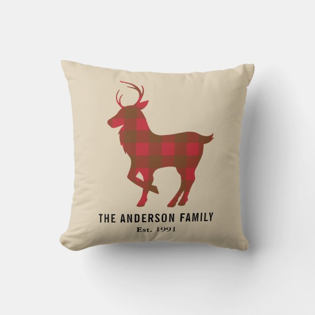 Personalized Plaid Reindeer Christmas Throw Pillow (Front)
