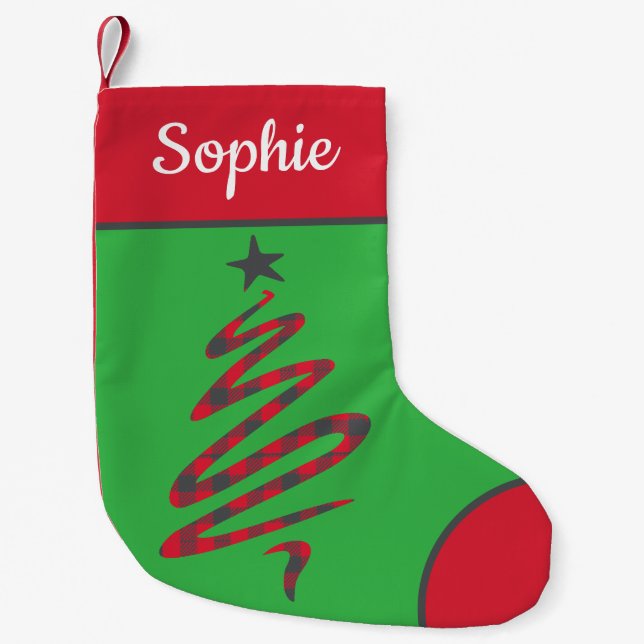 Personalized Plaid Scribble Christmas Tree Small Christmas Stocking (Front)