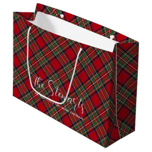 Personalized Plaid Script Christmas Stewart Tartan Large Gift Bag