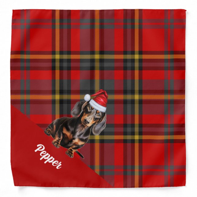 Personalized Plaid Smooth Coat Dachshund Christmas Bandana (Front)