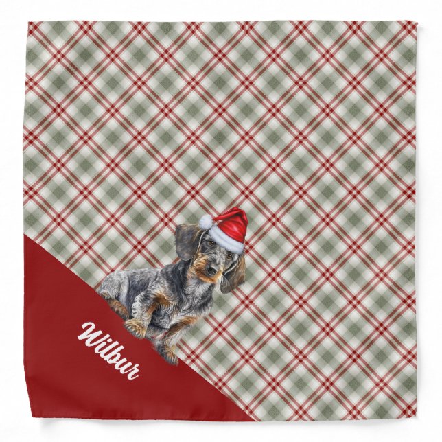 Personalized Plaid Wirehair Dachshund Christmas Bandana (Front)