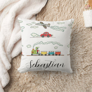 Personalized Plane, Train and Car Throw Pillow