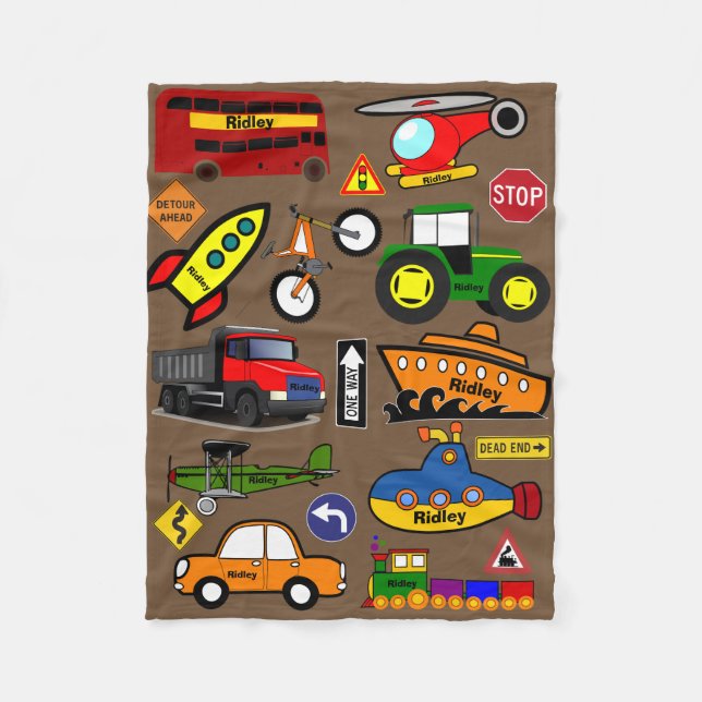 Personalized Planes, Trains & Automobiles Fleece Blanket (Front)