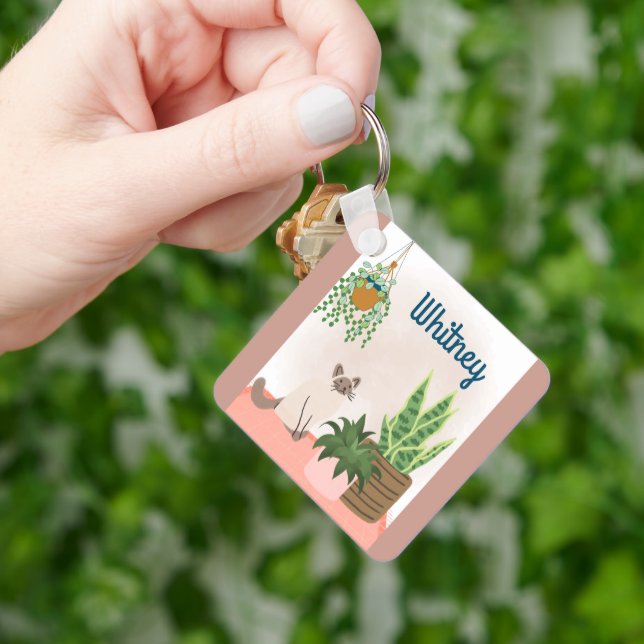 Personalized Plant and Cat Lover key Chain (Hand)