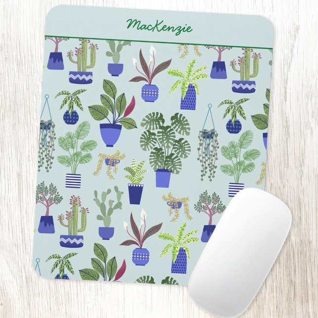 Personalized Plant Gardening Mouse Pad (Personalized custom name houseplant cactus succulent pattern mouse mat)