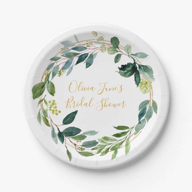 Personalized Plate, Botanical Eucalyptus Paper Plates (Front)