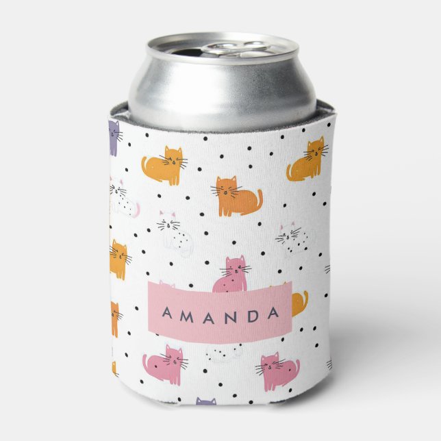 Personalized Playful Cat Pattern with Polka Dots  Can Cooler (Can Front)