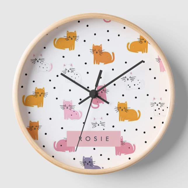 Personalized Playful Cat Pattern with Polka Dots  Clock (Front)