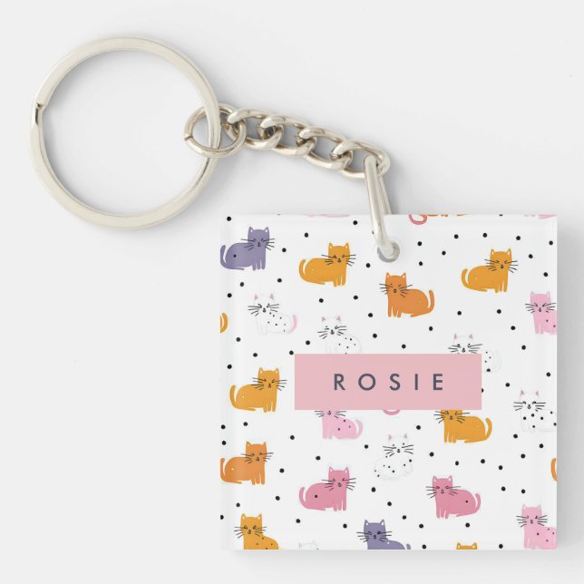 Personalized Playful Cat Pattern with Polka Dots  Keychain (Front)