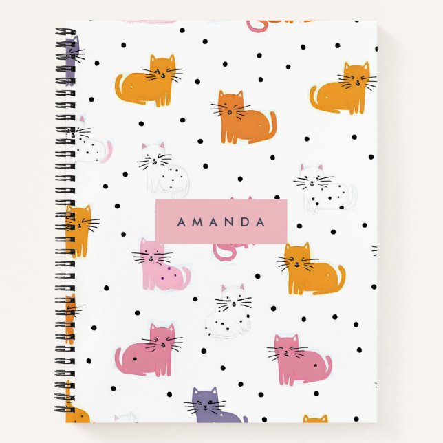 Personalized Playful Cat Pattern with Polka Dots  Notebook (Front)