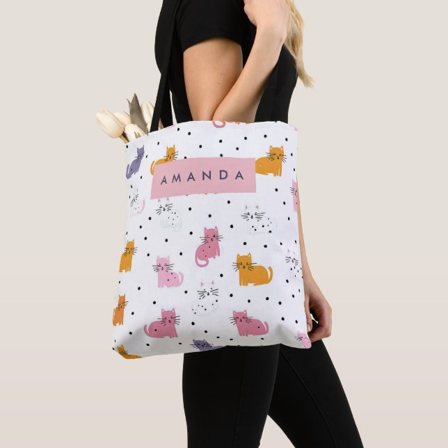 Personalized Playful Cat Pattern with Polka Dots  Tote Bag (Close Up)