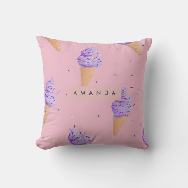 Personalized Playful Pastel Ice Cream Cone Style Throw Pillow (Front)