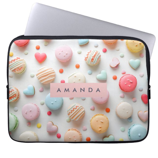 Personalized Playful Pastel Macaron & Candy Heart  Laptop Sleeve (Front)