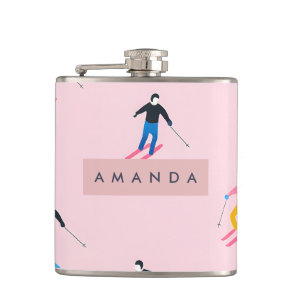 Personalized Playful Pastel Skiers Retro Flask