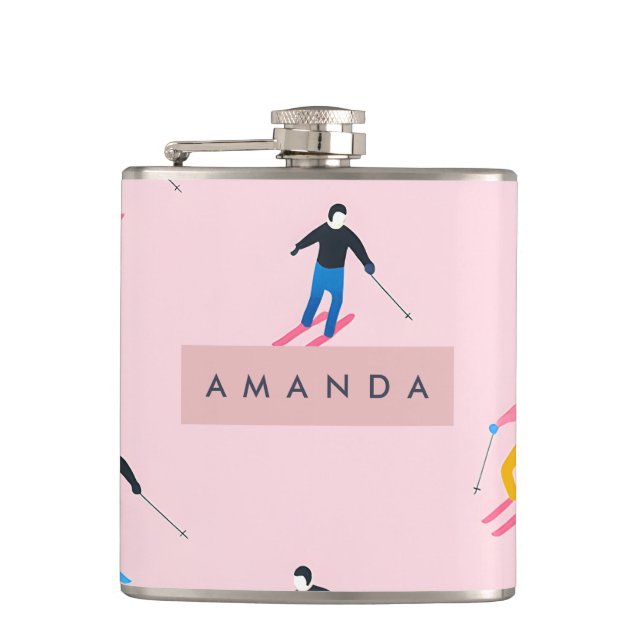 Personalized Playful Pastel Skiers Retro Flask (Front)