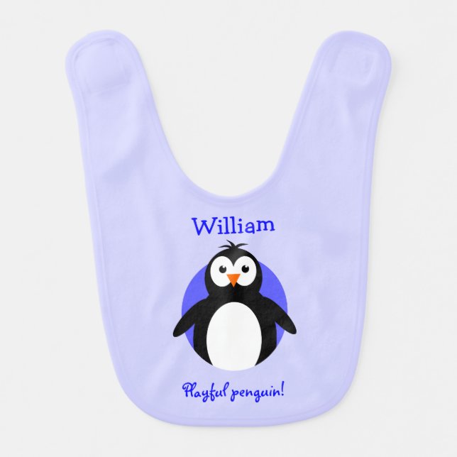 Personalized playful penguin blue bib (Front)