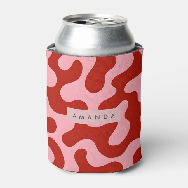 Personalized Playful Pink and Red Abstract Camo Can Cooler (Can Front)