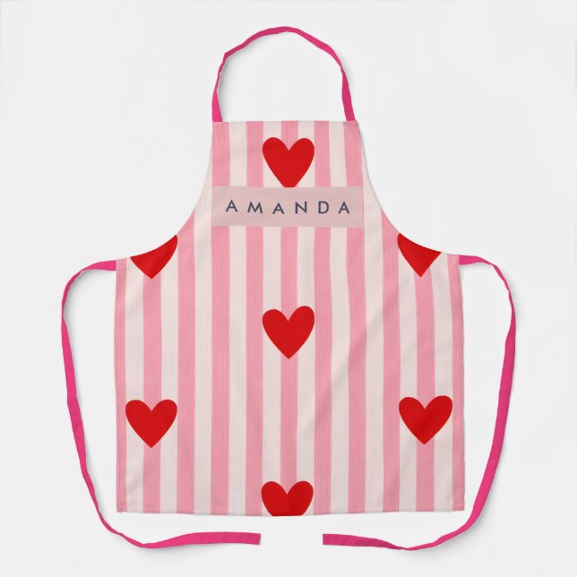 Personalized Playful Red Heart & Pink Stripe  Apron (Front)