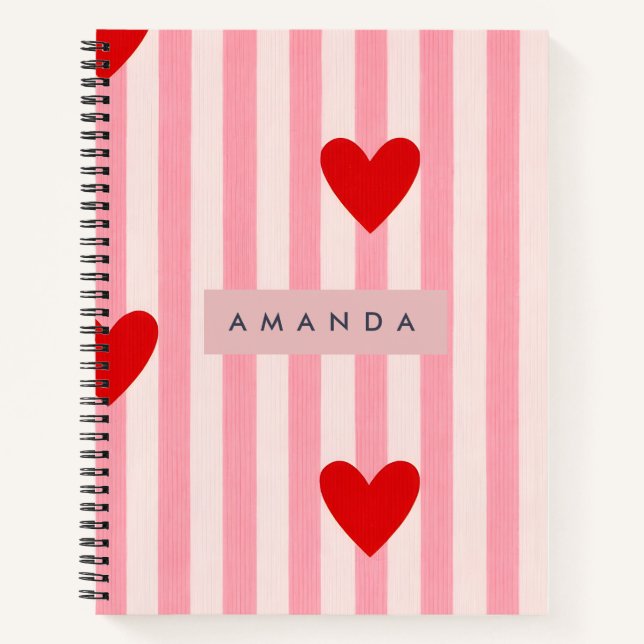 Personalized Playful Red Heart & Pink Stripe  Notebook (Front)