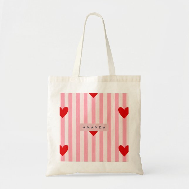 Personalized Playful Red Heart & Pink Stripe  Tote Bag (Front)