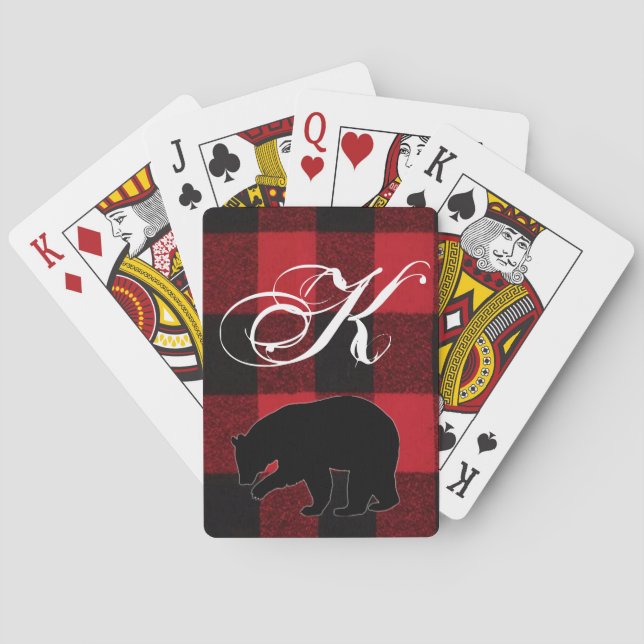 Personalized Playing Cards Red Buffalo Plaid Bear (Back)