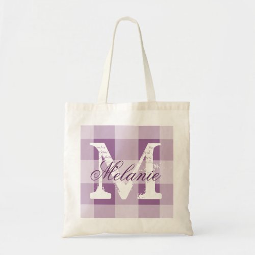 Personalized plum gingham monogram tote bag