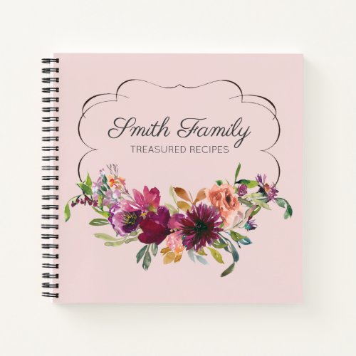 Personalized Plum Purple Blush Pink Floral Recipe Notebook