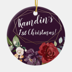 Personalized Plum Purple Roses Gold Geometric Flor Ceramic Ornament