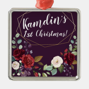 Personalized Plum Purple Roses Gold Geometric Flor Metal Ornament