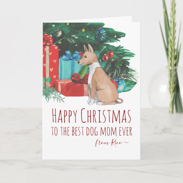 Personalized Podenco Puppy Watercolor Christmas Holiday Card (Front)
