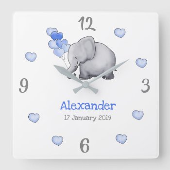 Personalized Poetic Baby Balloons Elephant Nursery Square Wall Clock by EleSil at Zazzle