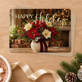 Personalized Poinsettia Bouquet Photo Gold Foil Holiday Card