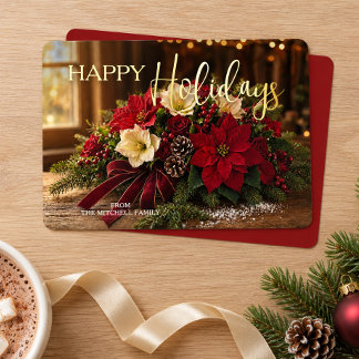 Personalized Poinsettia Bouquet Photo Gold Foil Holiday Card