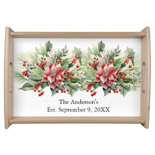 Personalized Poinsettia Christmas Florals Holiday Serving Tray