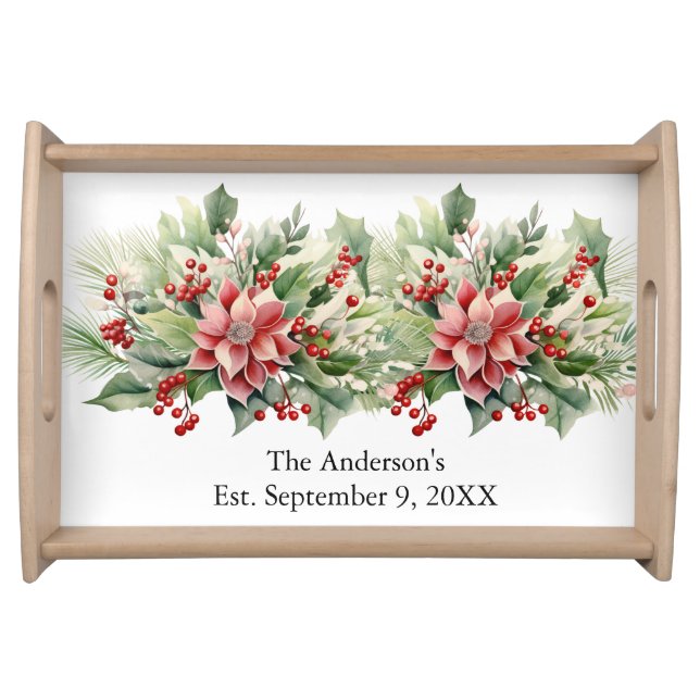 Personalized Poinsettia Christmas Florals Holiday Serving Tray (Front)