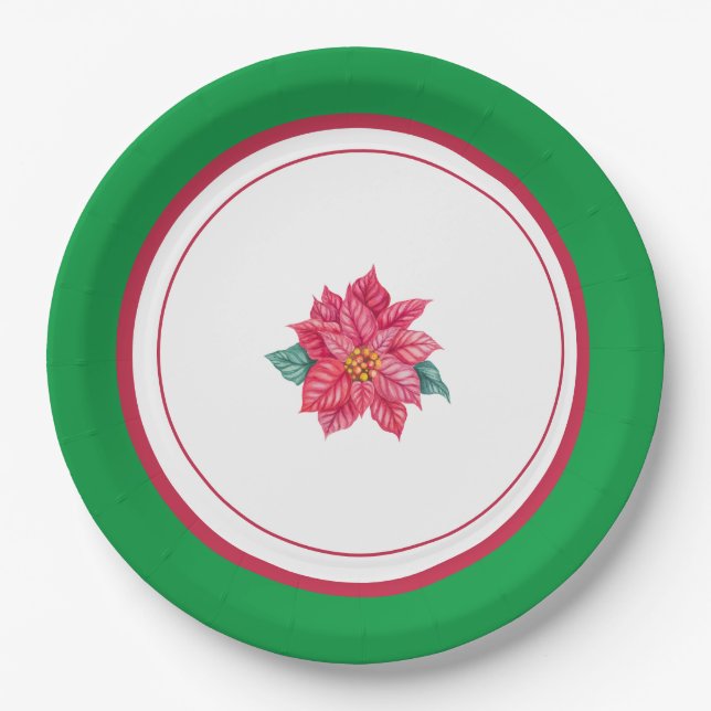 Personalized Poinsettia Christmas Plates, Holiday  Paper Plates (Front)