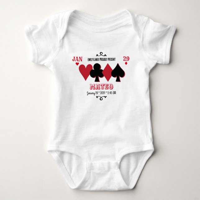Personalized "Poker Night" Birth Announcement Baby Bodysuit (Front)