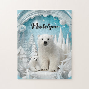 Personalized Polar Bear and Cub Winter Scene, Cust Jigsaw Puzzle