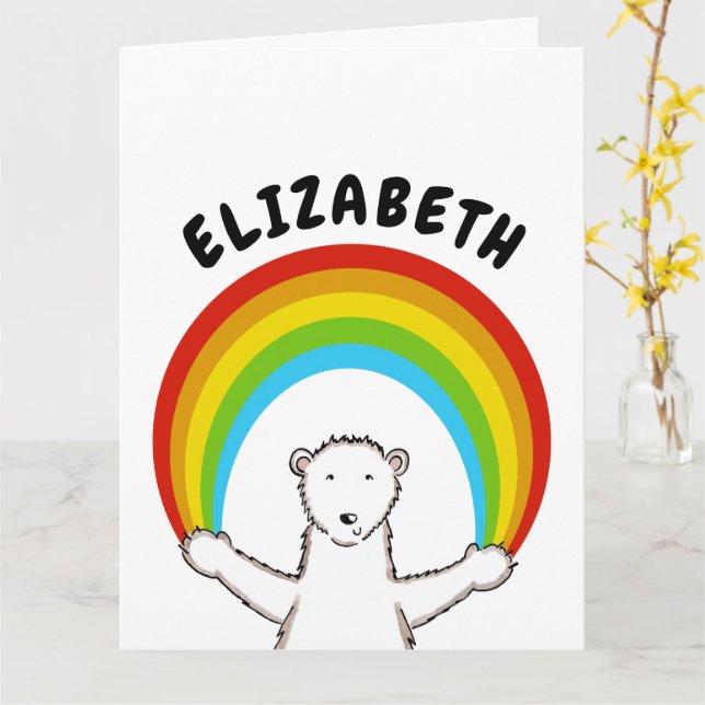 Personalized Polar Bear and Rainbow Birthday  Card (Yellow Flower)