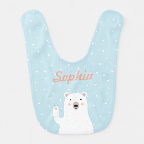 Personalized Polar Bear in the Snow says Hello Baby Bib