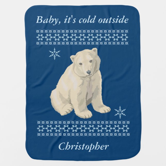 Personalized Polar Bear Snowflake Ugly Sweater Baby Blanket (Front)