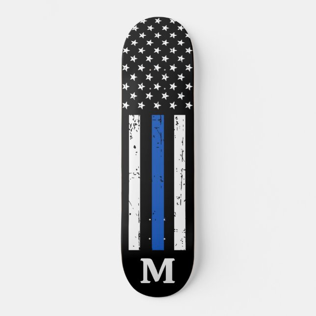 Personalized Police American Flag Thin Blue Line Skateboard (Front)
