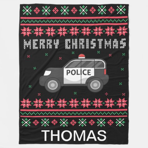 Personalized Police Car Ugly Christmas Fleece Blanket