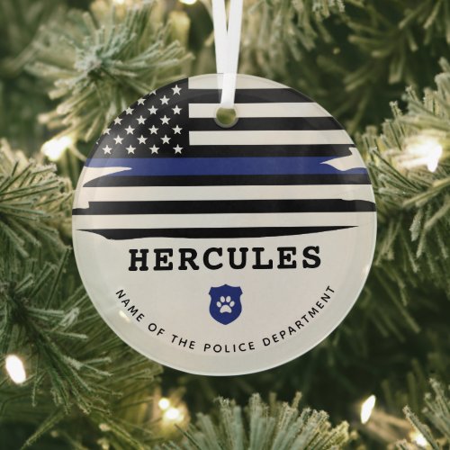 Personalized Police Dog K9 Officer Thin Blue Line Glass Ornament