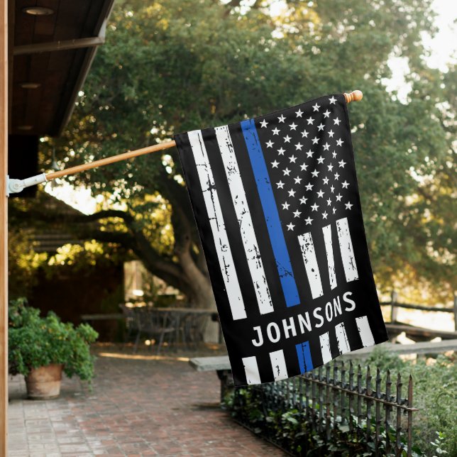 Personalized Police Flag Thin Blue Line House Flag (In SItu)